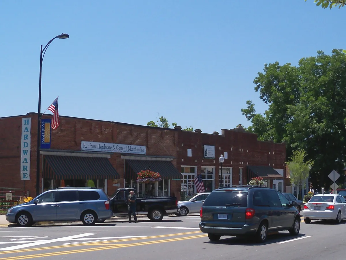 Renfrow Hardware and storefronts along Trade Street in downtown Matthews, North Carolina