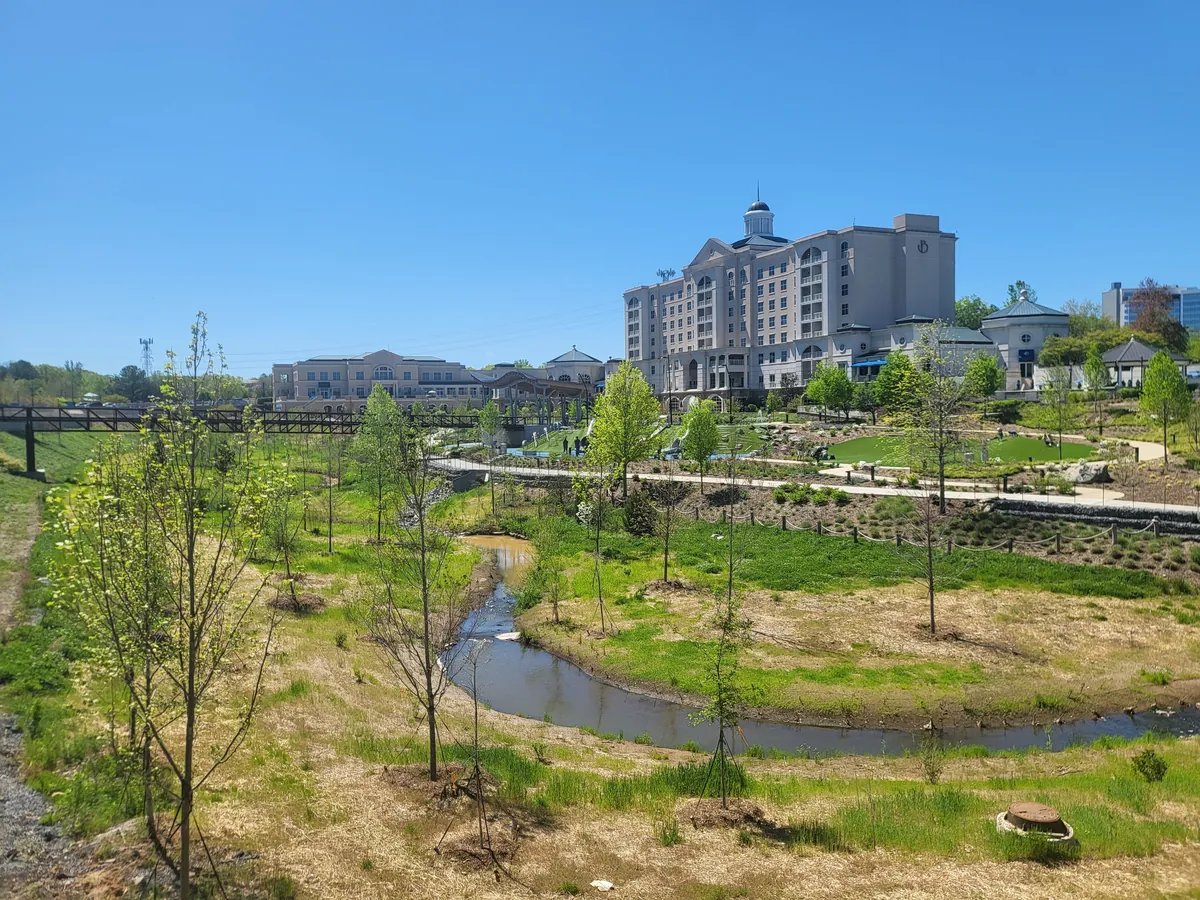 Stream Park with The Ballantyne hotel behind it in Ballantyne, Charlotte