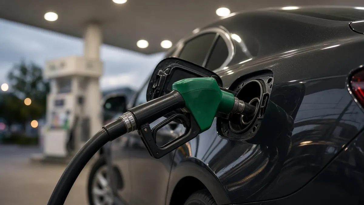 A fuel nozzle in a car at a gas station