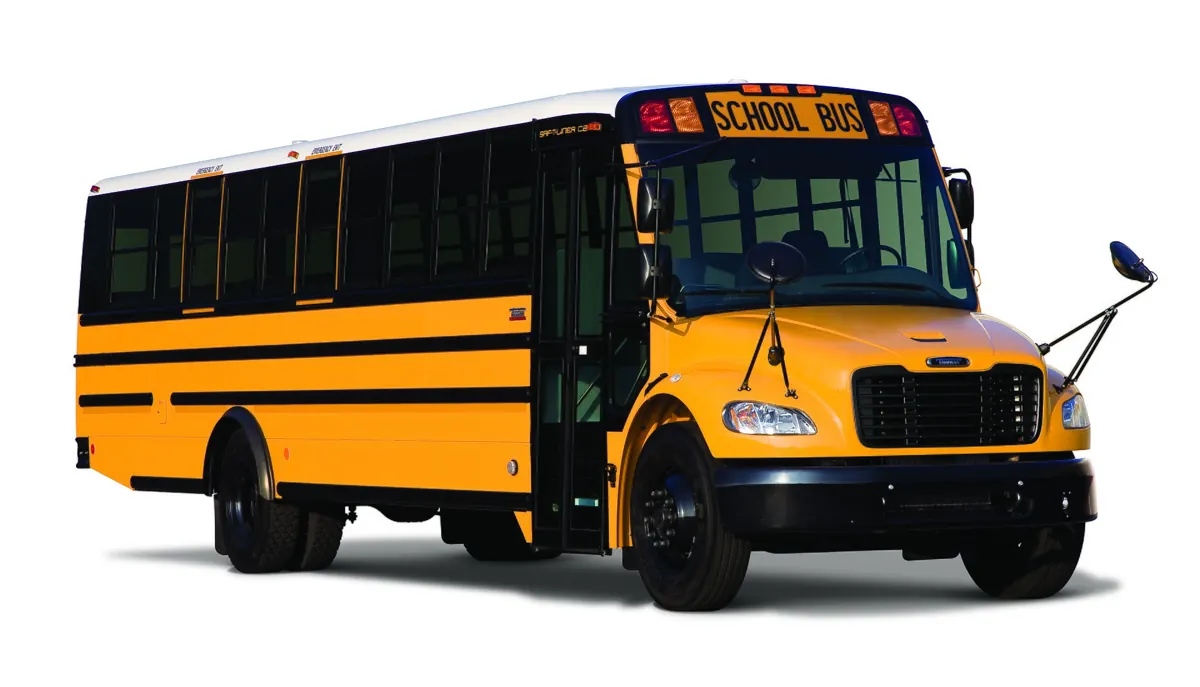 A yellow school bus on a plain white background
